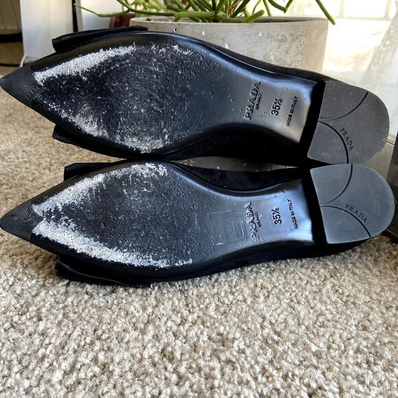 Prada Suede Ballet Flats Grosgrain Bow Pointed Toe Black 5 - Picture 7 of 7
